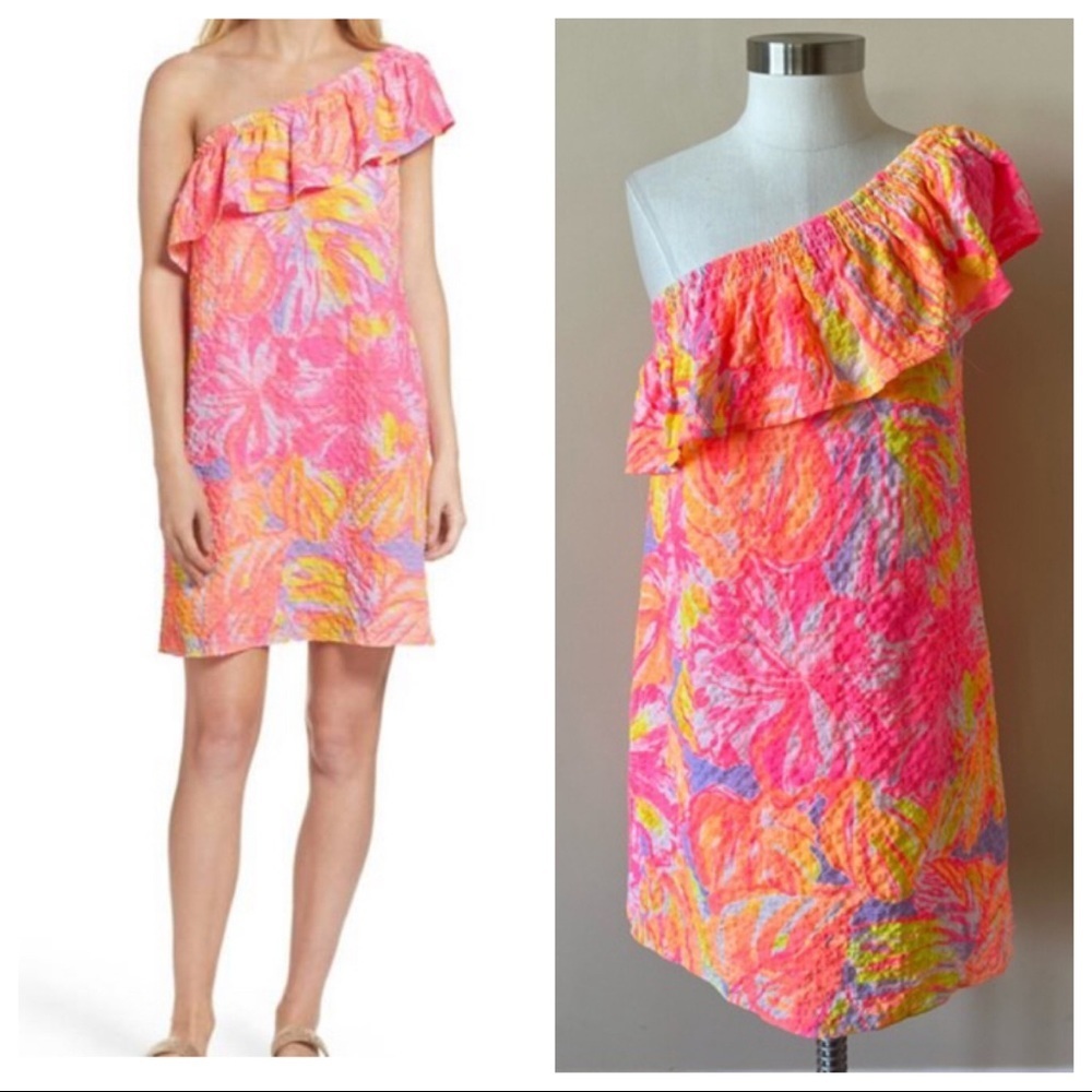 Lilly Pulitzer One-Shoulder Ruffle Shift Dress in Pink & Yellow Floral